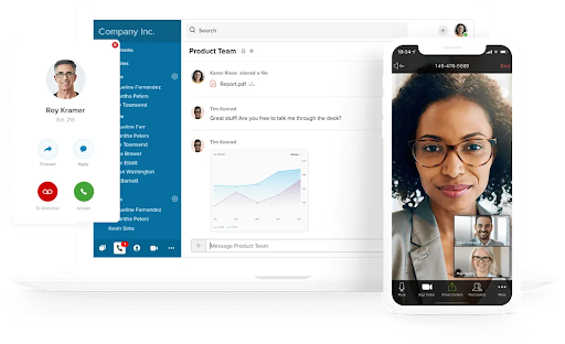 RingCentral interface with messaging, video calls, and VoIP options on desktop and mobile for seamless team communication. (Source: RingCentral’s business VoIP page)