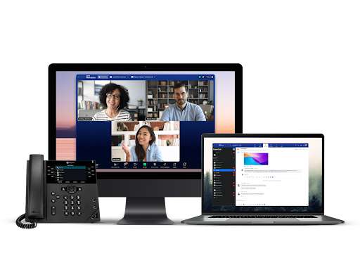 Zoom Phone setup showing video conferencing, team chat, and VoIP integration across desktop, laptop, and phone. (Source: Zoom Phone’s VoIP page)