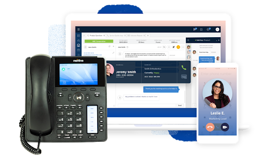 Nextiva interface showcasing VoIP calls, CRM integration, and team communication across desk phone, desktop, and mobile devices. (Source: G2’s Nextiva page)