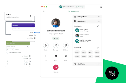 GoTo Connect's interface showing active calls, auto-attendant setup, contact shortcuts, and call parking options. (Source: GoTo Connect’s VoIP page