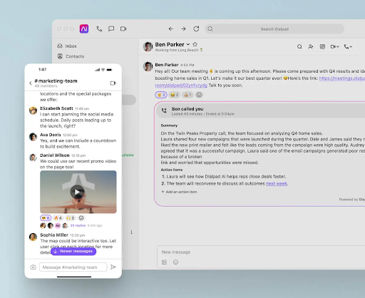 Dialpad's interface showing team messaging, call summaries, and AI-powered features. (Source: DialPad’s platform)