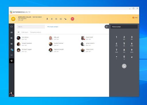 An Intermedia Unite softphone showing an active call with a list of contacts and a dialer (Source: Intermedia United’s call center page)
