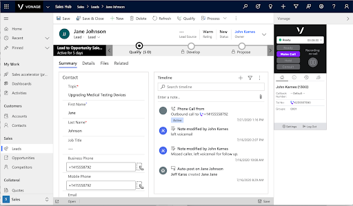 Vonage’s sales hub, which shows a lead record with contact information, a timeline of interactions, and call controls (Source: G2's review of Vonage's contact center)