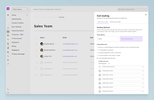 Dialpad’s admin workspace, which shows call routing settings for the Sales Team, including open and closed hours routing options. (Source: Dialpad's call center page)