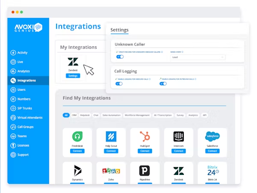 AVOXI Genius shows call logging options and CRM integrations like HubSpot and Freshdesk.