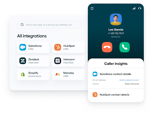 Aircall’s VoIP integration dashboard, which shows CRM and help desk connections with caller insights (Source: Aircall’s CRM page)