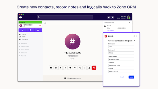 Zoho’s CRM integration with Dialpad VoIP system, which shows call logging and note-taking during an active call (Source: Dialpad’s Zoho integration page)