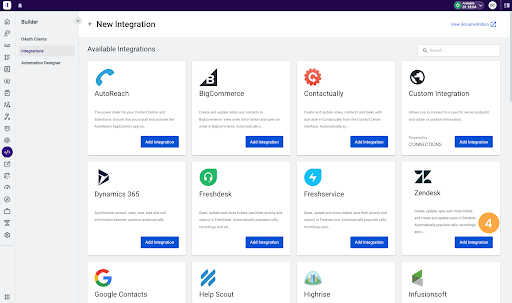 Talkdesk’s integration dashboard, which displays its available CRM, eCommerce, and help desk integrations (Source: Talkdesk’s integrations page)