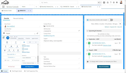 Five9’s integration with Salesforce Service Console, which displays an active call, customer details, and interaction history (Source: Five9’s Salesforce page)