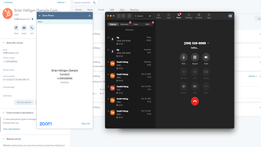 Zoom Phone’s integration with HubSpot displays an active call interface, contact details, and call history. (Source: HubSpot's Zoom Phone integration page)